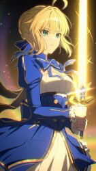 1girl ahoge artoria_pendragon_(fate) blonde_hair blue_bow blue_bowtie blue_dress bow bowtie braid braided_bun breasts cleavage commentary crossover dress excalibur_(fate/stay_night) fate/stay_night fate_(series) green_eyes hair_bun highres holding holding_sword holding_weapon honkai:_star_rail honkai_(series) revision saber_(fate) saber_(honkai:_star_rail)_(fate) small_breasts so_zei_tama_tama solo sword weapon