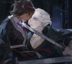 2girls black_background black_kimono black_shirt blade_lineage_(identity)_(project_moon) blue_eyes breasts brown_eyes brown_hair cleavage collared_shirt dark-skinned_female dark_skin faust_(project_moon) highres holding holding_sword holding_weapon japanese_clothes kimono kurokumo_clan_(identity)_(project_moon) limbus_company looking_at_another multiple_girls necktie oneii outis_(project_moon) project_moon red_necktie shirt short_hair simple_background sword upper_body weapon white_hair white_shirt