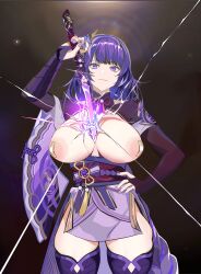 Rule 34 | 1girl, absurdres, bandaid, bandaids on nipples, blunt bangs, braid, breasts, breasts out, commentary request, cowboy shot, drawing sword, fingerless gloves, flower, genshin impact, gloves, hair flower, hair ornament, hand on own hip, highres, holding, holding sword, holding weapon, human scabbard, japanese clothes, ken (kensaen), kimono, large areolae, large breasts, long hair, looking at viewer, low-braided long hair, low-tied long hair, musou isshin (genshin impact), nail polish, nipples, pasties, purple eyes, purple hair, purple kimono, raiden shogun, smile, solo, sword, thighhighs, weapon, wide sleeves