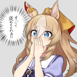 1girl absurdres animal_ears blue_eyes brown_hair commentary_request covering_own_mouth durandal_(umamusume) ear_ornament hair_ornament highres horse_ears horse_girl long_hair multicolored_hair portrait sanada_ina school_uniform solo tracen_school_uniform translation_request umamusume white_hair