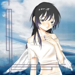 1girl black_eyes black_hair cloud crop_top highres kennomou light_smile long_hair looking_at_viewer multicolored_hair navel off_shoulder original purple_hair purple_nails sky solo two-tone_hair