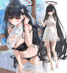 1girl alternate_costume bag black_bra black_hair black_halo black_panties blue_archive blush bra breasts bright_pupils brown_bag cleavage closed_mouth commentary_request dema_hmw earrings full_body hair_ornament hairpin halo highres holding holding_bag jewelry large_breasts long_hair looking_at_viewer multiple_views navel ocean panties red_eyes rio_(blue_archive) see-through_clothes shirt skirt skirt_set thighs underwear very_long_hair wet white_pupils white_shirt white_skirt