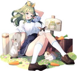 1girl :d arm_behind_head blue_eyes blue_skirt breasts brown_footwear button_gap carrot crate daphne_(eversoul) elf eversoul flower full_body game_cg gate green_hair hair_ornament hairclip kneehighs large_breasts light_blush medium_hair non-web_source official_alternate_costume official_alternate_hairstyle official_art on_grass open_mouth pink_flower pointy_ears ponytail rabbit school_uniform scrunchie shirt short_sleeves sign sitting skirt sleeves_rolled_up smile socks solo tachi-e taut_clothes taut_shirt thighs transparent_background white_flower white_shirt white_socks wing_collar wrist_scrunchie