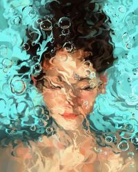 1girl art_study blush brown_hair bubble closed_eyes curly_hair from_above highres long_hair material_study no_shirt original painterly portrait realistic sam_yang smile solo submerged swimming water