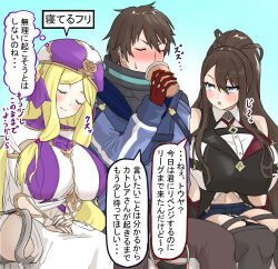 1boy 2girls :o aged_up alternate_costume bench beret black_vest blonde_hair blue_eyes blue_shorts blush boots breasts bridal_gauntlets brown_hair caitlin_(pokemon) closed_eyes clothing_cutout collared_shirt commentary_request creatures_(company) dress elbow_gloves game_freak garter_straps girl_sandwich gloves grey_footwear hair_between_eyes hair_ribbon hat high_ponytail highres hilbert_(pokemon) hilda_(pokemon) hip_vent hizakake huge_breasts japanese_text long_dress long_hair looking_at_another midriff multiple_girls navel navel_cutout nintendo no_headwear parted_bangs pokemon pokemon_bw ponytail purple_headwear ribbon sandwiched shirt short_shorts shorts sidelocks single_garter_strap single_thighhigh sitting skindentation sleeping sleeveless sleeveless_shirt speech_bubble thigh_boots thighhighs translation_request tress_ribbon vest white_dress white_shirt