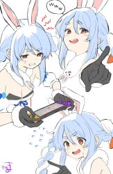 Rule 34 | 1girl, :d, anger vein, bare shoulders, black gloves, blue hair, blush, braid, breasts, brown eyes, carrot hair ornament, cleavage, clenched teeth, commentary, cropped torso, detached sleeves, don-chan (usada pekora), flying sweatdrops, food-themed hair ornament, fur-trimmed gloves, fur trim, game over, gloves, hair ornament, highres, holding, hololive, kiritoma, long hair, multicolored hair, multiple views, nervous smile, open mouth, pointy ears, puffy short sleeves, puffy sleeves, rabbit-shaped pupils, short eyebrows, short sleeves, small breasts, smile, smug, sweat, symbol-shaped pupils, teeth, thick eyebrows, twin braids, twintails, two-tone hair, upper body, usada pekora, usada pekora (1st costume), v-shaped eyebrows, virtual youtuber, white background, white hair, white sleeves