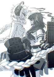 Rule 34 | 2girls, abyssal ship, braid, breasts, cape, cleavage, closed mouth, commentary request, from side, glasses, gloves, greyscale, hair between eyes, hair scarf, hat, headphones, holding, holding sword, holding weapon, kantai collection, kiso (kancolle), kiso kai ni (kancolle), long hair, monochrome, multiple girls, narukan, neckerchief, pleated skirt, power fist, profile, rigging, school uniform, serafuku, short sleeves, single braid, skirt, smoke, supply depot princess, sword, very long hair, weapon