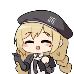 1girl :d beret black_gloves black_hat black_jacket black_necktie blonde_hair celica_(pgr) chibi chibi_only chinese_commentary closed_eyes commentary_request euyueuy facing_ahead folder gloves hat holding holding_folder jacket long_hair necktie official_art open_clothes open_jacket open_mouth pointing pointing_forward punishing:_gray_raven shirt simple_background single_glove smile solo upper_body white_background white_shirt