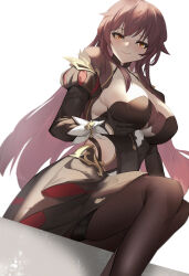 1girl absurdres black_dress black_gloves black_pantyhose breasts brown_hair chinese_commentary commentary_request dress eden_(honkai_impact) gloves grabbing_own_breast highres honkai_(series) honkai_impact_3rd katachi_noboru_nishikino large_breasts long_hair looking_at_viewer pantyhose simple_background sitting smile solo very_long_hair white_background yellow_eyes