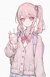 1other :p absurdres ajirui akiyama_mizuki backpack bag blue_skirt bow bowtie cardigan collared_shirt cream cup diagonal-striped_bow diagonal-striped_bowtie diagonal-striped_clothes disposable_cup drink hair_ribbon highres holding holding_drink kamiyama_high_school_uniform_(project_sekai) long_hair one_side_up pink_bow pink_bowtie pink_eyes pink_hair project_sekai purple_bag purple_cardigan ribbon school_uniform shirt simple_background skirt solo striped_clothes tongue tongue_out upper_body white_background white_shirt