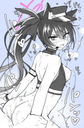 1boy 1girl animal_ear_fluff animal_ears ass bare_shoulders blue_archive blush bottomless breasts cat_ears emirio_(emirio110) glaring halo hat heart hetero highres idol_clothes long_hair looking_at_viewer monochrome nipples official_alternate_costume official_alternate_hairstyle open_mouth peaked_cap serika_(blue_archive) serika_(idol)_(blue_archive) sex sex_from_behind simple_background small_breasts solo_focus sweat tears v-shaped_eyebrows very_long_hair