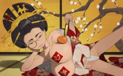 1girl asian black_eyes black_hair breasts datehyogo ear_piercing earrings floral_print floral_print_kimono flower folding_fan folding_screen food fruit fundoshi glass_girl_(niwatori5948) hair_ornament hair_stick hand_fan highres japanese_clothes jewelry kimono large_breasts looking_at_viewer lying mandarin_orange mole mole_on_leg mole_under_mouth monocle monolids narrow_hips narrowed_eyes new_year niwatori5948 oiran on_side oppai_loli oppai_mochi original pasties piercing pink_lips plum_blossom_print plum_blossoms print_kimono red_kimono smile solo white_flower