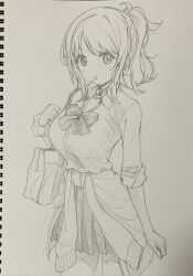 1girl :t absurdres bag bow bowtie breasts cardigan cardigan_around_waist choker clothes_around_waist collarbone commentary cowboy_shot graphite_(medium) greyscale gyaru gyarugasaki heart heart_choker highres honochikacchi kogal large_breasts lollipop_in_mouth long_hair love_live! love_live!_nijigasaki_high_school_idol_club miniskirt miyashita_ai monochrome official_alternate_costume plaid_bow plaid_bowtie plaid_clothes plaid_skirt pleated_skirt ponytail school_bag sidelocks skirt solo tented_shirt traditional_media