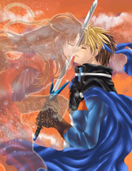 1boy 1girl blonde_hair brown_hair cape closed_eyes couple flik_(suikoden) gensou_suikoden gensou_suikoden_i ghost gradient_hair headband hetero kiss long_hair masomochi multicolored_hair odessa_silverberg orange_hair short_hair sword weapon