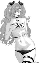 1girl abs alternate_breast_size breasts female_pubic_hair greyscale lifting_own_clothes mole mole_on_breast mole_under_eye monochrome nicole_demara open_clothes panties pubic_hair revealing_clothes seductive_smile short_twintails small_breasts smile thighs twintails underwear white_background zafuroggu zenless_zone_zero