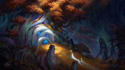 3girls chinnkun cloak dirt_road facing_away fantasy forest giant_tree holding holding_staff landscape magic multiple_girls nature original painterly road rock signature staff sunlight tree white_cloak