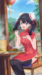 1girl archived_source black_hair black_thighhighs blue_eyes blush bowl bun_cover chair china_dress chinese_clothes chinese_spoon chopsticks day double_bun dress dumpling eating feet_out_of_frame food game_cg gridman_universe hair_bun hair_ribbon highres holding holding_chopsticks lantern leaf long_hair looking_at_viewer mandarin_collar official_alternate_costume official_alternate_hairstyle official_art on_chair open_mouth outdoors plate red_dress red_ribbon ribbon side_slit sitting solo ssss.gridman table takarada_rikka teapot thighhighs third-party_source tree twintails wooden_chair wooden_table