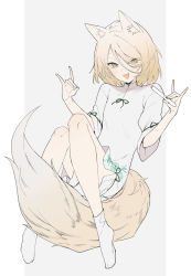 1girl animal_ear_fluff animal_ears blonde_hair double_fox_shadow_puppet dress fox_ears fox_girl fox_shadow_puppet fox_tail full_body grey_background hands_up highres holding holding_test_tube knees_up kudamaki_tsukasa medium_hair no_shoes open_mouth short_sleeves smile socks solo tail test_tube touhou white_dress white_socks yellow_eyes yuki_(popopo)