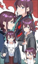 :3 black_jacket blue_eyes blue_hair blue_haori blue_jacket blue_sweater brown_hair chinese_commentary commentary_request girls_band_cry gradient_hair haidao_mao hair_between_eyes haori highres iseri_nina jacket japanese_clothes kuuhaku_to_catharsis long_sleeves looking_at_viewer low_twintails multicolored_hair multiple_views open_clothes open_jacket open_mouth pinky_out red_shirt red_skirt shikai_no_sumi_kuchiru_oto shirt shirt_tucked_in short_hair short_twintails skirt sweater twintails white_shirt
