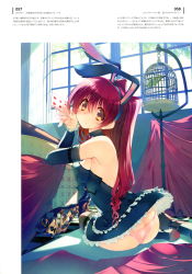 Rule 34 | 1girl, absurdres, amazuyu tatsuki, animal ears, arm warmers, backless outfit, bird, birdcage, black thighhighs, blush, breasts, brown eyes, butt crack, cage, card, closed eyes, closed mouth, day, detached sleeves, dress, fake animal ears, female focus, frilled dress, frills, from behind, hair ornament, hairband, heart, high heels, highres, holding, indoors, kousaka tamaki, looking at viewer, looking back, medium breasts, official art, panties, pink panties, rabbit ears, red hair, scan, short dress, sidelocks, sleeveless, solo, thighhighs, to heart (series), to heart 2, underwear, window