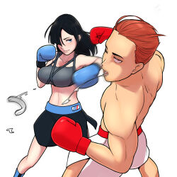 1boy 1girl artist_request boxing_gloves breasts commission femdom highres original pixiv_commission smile tagme