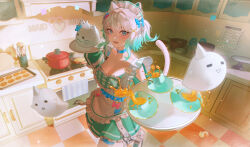 1girl animal_ears apron blunt_bangs blush breasts cat_ears cat_girl cat_tail choker cleavage clothing_cutout commentary cookie cooking_pot cup dress english_commentary food frilled_apron frilled_dress frills from_above frying_pan gradient_hair green_dress green_eyes green_hair hair_intakes hair_ornament highres holding holding_tray indie_virtual_youtuber indoors kitchen large_breasts layered_dress looking_at_viewer maid maid_apron maid_headdress mint_fantome mint_fantome_(minto_2.0) multicolored_hair open_mouth perspective plate shoulder_cutout sidelocks solo tail teacup tray utensil virtual_youtuber white_apron white_hair wisps_(mint_fantome) x_hair_ornament xiisalt