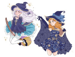 2girls alternate_costume annette_fantine_dominic blue_dress blue_gloves blue_ribbon book braid broom broom_riding commentary cowboy_shot dress eiriseth elbow_gloves english_commentary fire_emblem fire_emblem:_three_houses frilled_dress frills gloves green_hair hair_behind_ear halloween halloween_costume hat highres holding holding_book long_hair looking_to_the_side lysithea_von_ordelia moon_(symbol) multiple_girls nintendo orange_hair pantyhose pink_eyes ribbon simple_background sleeveless sleeveless_dress white_background white_hair white_pantyhose