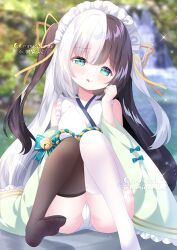 1girl bare_shoulders black_hair black_thighhighs blurry blurry_background blush borrowed_character commission detached_sleeves frilled_sleeves frills green_eyes hamiyamiko japanese_clothes kimono knees_up long_hair looking_at_viewer maid_headdress multicolored_hair no_shoes original outdoors panties sitting smile soles solo split-color_hair thighhighs tongue tongue_out underwear white_hair white_panties white_thighhighs wide_sleeves