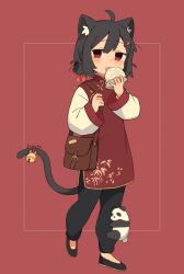 1girl absurdres ahoge animal_ears bag bell black_footwear black_hair black_pants blush cat_ears cat_girl cat_tail commentary_request dress food full_body fumiko_(rubra_plumeria) highres holding holding_food long_sleeves looking_at_viewer open_mouth original panda pants pants_under_dress red_dress red_eyes short_hair signature solo steamed_bun tail tail_bell tail_ornament