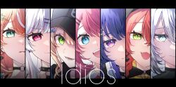 6+girls :3 baseball_cap black_choker black_hat blonde_hair blue_eyes blue_hair bow choker closed_mouth collared_shirt column_lineup commentary crossed_bangs earrings fangs green_eyes hair_between_eyes hair_bow hair_ornament hairclip hat headphones headphones_around_neck highres idios igarashi_rika igarashi_rika_(1st_costume) ishigami_nozomi ishigami_nozomi_(1st_costume) jewelry kaburaki_roco kaburaki_roco_(1st_costume) kashikaze koshimizu_toru koshimizu_toru_(1st_costume) kuramochi_meruto kuramochi_meruto_(1st_costume) long_hair looking_at_viewer lower_teeth_only mole mole_under_eye multicolored_hair multiple_girls nijisanji o-ring o-ring_choker open_mouth orange_hair parted_lips pink_hair purple_eyes red_eyes red_hair shirt shishido_akari shishido_akari_(1st_costume) smile sophia_valentine sophia_valentine_(1st_costume) spiked_choker spikes streaked_hair teeth upper_body upper_teeth_only virtual_youtuber white_eyes white_hair white_shirt zipper zipper_pull_tab