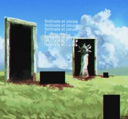 1girl angel angel_wings biblically_accurate_angel blood blood_on_clothes censored chipargycrah cloud columbina_(genshin_impact) disembodied_eye dress genshin_impact highres horror_(theme) looking_at_viewer outdoors sky solo white_dress wings
