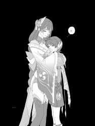 1boy 1girl arm_at_side armor belt black_background blunt_bangs blunt_ends breasts bridal_gauntlets cape cleavage closed_eyes closed_mouth expressionless eyeshadow facing_another fan_hair_ornament fingernails flower furisode genshin_impact greyscale hair_flower hair_intakes hair_ornament hakama hakama_shorts hand_on_another&#039;s_back hand_on_another&#039;s_head headpat height_difference highres hip_vent hug japanese_armor japanese_clothes kimono kimono_skirt kote lingerie long_hair long_sleeves looking_to_the_side low-braided_long_hair low-tied_long_hair makeup middle_ring mitsudomoe_(shape) mole mole_under_eye monochrome mother_and_son obi off_shoulder pleated_shorts raiden_shogun rope sash scaramouche_(genshin_impact) shorts shrug_(clothing) sidelocks smile speech_bubble standing tassel tassel_hair_ornament te1081 thighhighs tomoe_(symbol) translation_request tsurime twitter_username underwear very_long_hair wanderer_(genshin_impact) wide_sleeves wispy_bangs