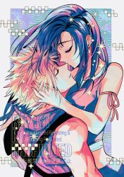 1boy 1girl arm_ribbon bare_shoulders black_hair black_vest blonde_hair breasts closed_eyes cloud_strife commentary_request couple crop_top earrings facing_another final_fantasy final_fantasy_vii final_fantasy_vii_advent_children from_side hand_on_another&#039;s_head highres jewelry kiss kissing_nose large_breasts long_hair mrg2by parted_lips profile ribbed_shirt ribbon shirt short_hair single_earring single_shoulder_pad sleeveless sleeveless_shirt sparkle spiked_hair tank_top teardrop_earrings three_quarter_view tifa_lockhart upper_body vest white_tank_top
