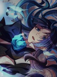 1girl ado_(utaite) black_bow black_bowtie black_hair blue_eyes blue_flower blue_rose bow bowtie chando_(ado) commentary_request floating_hair flower highres keeko_(kk_0012) long_hair looking_at_viewer mole mole_under_eye open_mouth rose solo teeth upper_teeth_only utaite