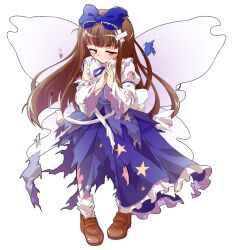 1girl bandaid bandaid_on_head blue_dress blue_ribbon blunt_ends blush brown_eyes brown_hair brown_shoes closed_mouth commentary_request dairi dress fairy fairy_wings frown full_body hair_ribbon juliet_sleeves large_variant_set long_hair long_sleeves neck_ribbon own_hands_together puffy_sleeves ribbon shoes sleeve_garter socks solo standing star_sapphire sweatdrop tachi-e torn_clothes torn_dress touhou v-shaped_eyebrows variant_set white_socks wide_sleeves wings