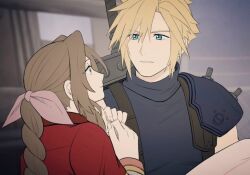 Rule 34 | 1boy, 1girl, aerith gainsborough, ameiro0814, aqua eyes, armor, bangle, blonde hair, blue shirt, blurry, blurry background, bracelet, braid, braided ponytail, brown hair, carrying, cloud strife, dress, earrings, final fantasy, final fantasy vii, final fantasy vii remake, green eyes, hair between eyes, hair ribbon, hetero, jacket, jewelry, long dress, long hair, looking at another, own hands together, parted bangs, pauldrons, pink dress, pink ribbon, princess carry, red jacket, ribbon, shirt, short hair, shoulder armor, sidelocks, single braid, single earring, single pauldron, sleeveless, sleeveless turtleneck, spiked hair, suspenders, turtleneck, upper body, wide-eyed