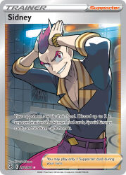 Rule 34 | 1boy, arms up, artist name, bathroom, belt, black shirt, bracelet, card (medium), character name, collared shirt, company name, copyright name, copyright notice, crack, cracked glass, english text, indoors, ishikawa hideki, jewelry, male focus, mirror, nintendo, official art, pants, pokemon, pokemon card, pokemon oras, pokemon tcg, red eyes, red hair, red pants, reflection, shirt, short hair, sidney (pokemon), sink, smile, solo, third-party source, trading card, very short hair
