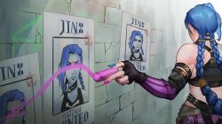 1girl absurdres arcane:_league_of_legends arcane_jinx artist_name bare_shoulders black_gloves blue_hair blue_nails braid chalk commentary english_commentary fingerless_gloves fingernails from_behind gloves highres holding holding_chalk jinx_(league_of_legends) jm_chrome league_of_legends long_hair nail_polish pink_nails solo twin_braids wanted_poster