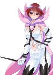 1girl absurdres black_boots blush bodysuit boots breasts brown_eyes brown_hair cape clothing_cutout commission cosplay cowboy_shot digimon digimon_savers fujieda_yoshino gerusyu hair_between_eyes highres holding holding_whip looking_at_viewer medium_breasts navel navel_cutout pink_cape rosemon rosemon_burst_mode rosemon_burst_mode_(cosplay) short_hair simple_background smirk solo thigh_boots thorns white_background white_bodysuit