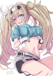 1girl absurdres antenna_hair belt blonde_hair blue_eyes blush breasts crop_top gambier_bay_(kancolle) hair_ribbon hairband highres hizaka kantai_collection large_breasts looking_at_viewer navel open_mouth ribbon shorts solo twintails twitter_username