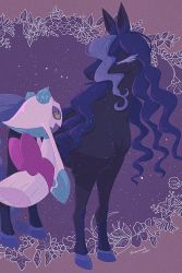 animal_focus artist_name back_bow blue_eyes blue_hair bow closed_eyes colored_eyelashes colored_sclera facing_another floating floral_background from_behind froslass full_body gen_4_pokemon half-closed_eyes highres horse lemonade_kokoi long_hair looking_at_another multicolored_hair nintendo no_humans pokemon pokemon_(creature) purple_background purple_hair red_bow signature spectrier standing twitter_username two-tone_hair u_u yellow_sclera
