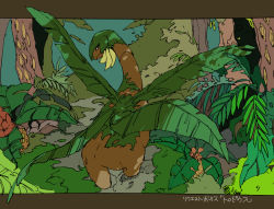 apios bad_id bad_pixiv_id banana black_eyes closed_mouth day fern flower food forest from_behind fruit full_body gen_3_pokemon grass green_theme japanese_text leaf letterboxed looking_at_viewer looking_back nature nintendo outdoors plant pokemon pokemon_(creature) pokemon_focus red_flower solo standing translated tree tropius