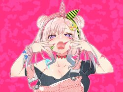 1girl adapted_costume airani_iofifteen airani_iofifteen_(1st_costume) alternate_breast_size alternate_color alternate_hairstyle animal_(vocaloid) black_shirt blue_hair blush breasts choker cleavage double_bun drooling fangs gradient_hair green_hairband grey_hair hair_bun hair_ornament hairband heart heart_choker highres hololive hololive_indonesia kanami_(jasminexx100) large_breasts long_hair looking_at_viewer multicolored_hair off_shoulder open_mouth overalls paint_splatter paint_splatter_on_face palette_hair_ornament pink_background pink_hair pink_hairband pink_overalls polka_dot_hairband purple_eyes saliva scrunchie shirt side_up_bun sidelocks single_bare_shoulder skin_fangs solo star-shaped_pupils star_(symbol) swept_bangs symbol-shaped_pupils twintails two-tone_hairband upper_body virtual_youtuber wrist_scrunchie