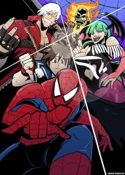 1girl belt_bra black_leotard breasts bridal_gauntlets capcom cleavage clothing_cutout coat dante_(devil_may_cry) darkstalkers demon_girl deputy_rust devil_may_cry devil_may_cry_(series) devil_may_cry_3 fingerless_gloves fire fourth_wall fur-trimmed_leotard fur_trim ghost_rider gloves green_hair head_wings headband heart_cutout highres kasugano_sakura large_breasts leotard long_hair marvel marvel_super_heroes_vs._street_fighter marvel_vs._capcom marvel_vs._capcom_2 marvel_vs._capcom_3 morrigan_aensland pantyhose purple_pantyhose rebellion_(sword) red_coat school_uniform spider-man spider-man_(series) street_fighter street_fighter_iv_(series) street_fighter_zero_(series) superhero_costume white_hair wings