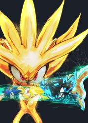 Rule 34 | derivative work, dragon ball, dragon ball: sparking!, dragonball z, highres, kornart, looking at viewer, red eyes, shadow the hedgehog, silver the hedgehog, sonic (series), sonic the hedgehog, super shadow, super silver, super sonic, super sonic cyber, video game cover redraw