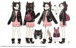 1girl asymmetrical_bangs asymmetrical_hair backpack bag black_boots black_choker black_hair black_jacket black_nails boots choker closed_mouth concept_art dress hair_ribbon hard-translated high_heels holding holding_poke_ball jacket jewelry long_sleeves looking_at_viewer marnie_(pokemon) multiple_views nintendo official_art pale_skin pink_bag pink_dress pointing_out_the_details poke_ball poke_ball_(basic) pokemon pokemon_swsh ribbon short_dress simple_background solo third-party_edit translated twintails undercut