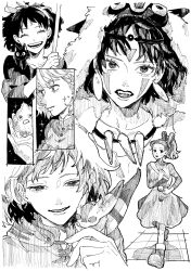 5girls ^_^ absurdres animal animal_on_shoulder arrietty boots calcifer cat closed_eyes dress earrings eyelashes facial_mark fangs greyscale highres holding howl_no_ugoku_shiro jewelry jiji_(majo_no_takkyuubin) karigurashi_no_arrietty kaze_no_tani_no_nausicaa kiki_(majo_no_takkyuubin) kome_uo majo_no_takkyuubin mask mask_on_head monochrome multiple_girls nausicaa open_mouth ponytail san_(mononoke_hime) short_hair smile sophie_hatter studio_ghibli teto_(nausicaa)