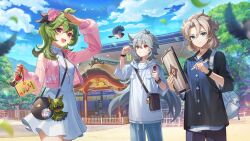 1girl 2boys albedo_(genshin_impact) alternate_costume black_bag blue_sky casual clothing_cutout cloud cloudy_sky collei_(genshin_impact) crossed_bangs cuilein-anbar_(genshin_impact) dress flower genshin_impact guest_art hair_between_eyes hair_flower hair_ornament hand_up highres holding jacket long_sleeves looking_ahead medium_hair multiple_boys oli_o_o open_clothes open_jacket open_mouth pink_eyes pink_jacket razor_(genshin_impact) shoulder_cutout simple_bird sky smile standing white_dress