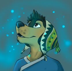 1boy blue_shirt bodi_(rock_dog) commentary dog_boy dog_nose english_commentary furry furry_male green_hat hat looking_up male_focus open_mouth rock_dog shirt smile upper_body wolfken0