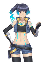 1girl armpit_crease artist_name bare_shoulders belt black_gloves black_sports_bra black_thighhighs blue_hair blue_shorts brown_eyes chest_jewel closed_mouth collarbone collared_vest commentary_request cowboy_shot crop_top cropped_vest denim denim_shorts elbow_gloves eyelashes fiery_hair gloves highres looking_at_viewer medium_hair midriff navel open_clothes open_vest pouch sena_(xenoblade) shinae short_shorts shorts simple_background smile solo sports_bra standing thighhighs twitter_username vest white_background xenoblade_chronicles_(series) xenoblade_chronicles_3 yellow_trim